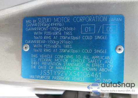 2005 Suzuki Xl-7 Ex/Lx из США, поврежденный, VIN JS3TY92VX54106461